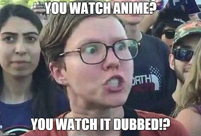 Triggered Liberal | YOU WATCH ANIME? YOU WATCH IT DUBBED!? | image tagged in triggered liberal | made w/ Imgflip meme maker
