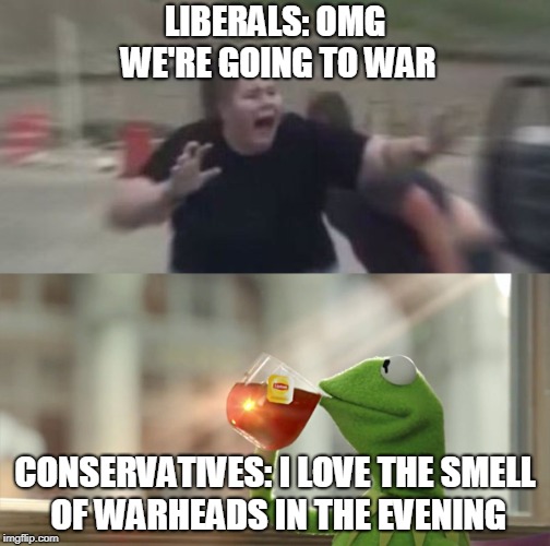 LIBERALS: OMG WE'RE GOING TO WAR; CONSERVATIVES: I LOVE THE SMELL OF WARHEADS IN THE EVENING | image tagged in syria,russia,usa | made w/ Imgflip meme maker
