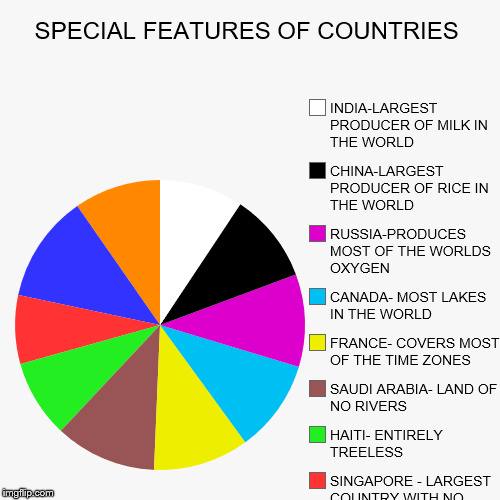 SPECIAL FEATURES OF COUNTRIES | BRAZIL - LARGEST PRODUCER OF COFFEE IN THE WORLD, LIBYA - DESERT COUNTRY, SINGAPORE - LARGEST COUNTRY WITH N | image tagged in funny,pie charts | made w/ Imgflip chart maker