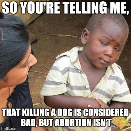 Third World Skeptical Kid | SO YOU'RE TELLING ME, THAT KILLING A DOG IS CONSIDERED BAD, BUT ABORTION ISN'T | image tagged in memes,third world skeptical kid | made w/ Imgflip meme maker