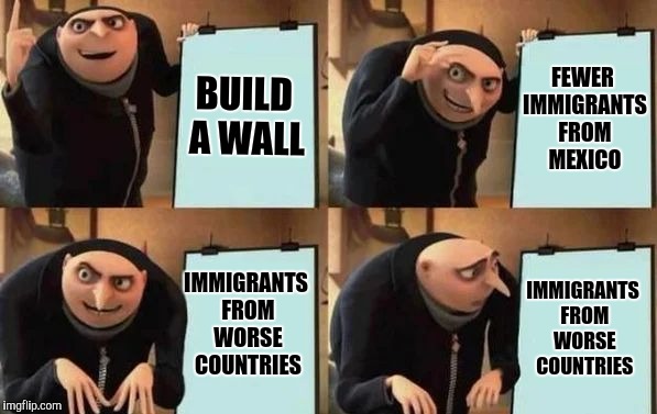 Immigration plan | BUILD A WALL; FEWER IMMIGRANTS FROM MEXICO; IMMIGRANTS FROM WORSE COUNTRIES; IMMIGRANTS FROM WORSE COUNTRIES | image tagged in gru's plan | made w/ Imgflip meme maker