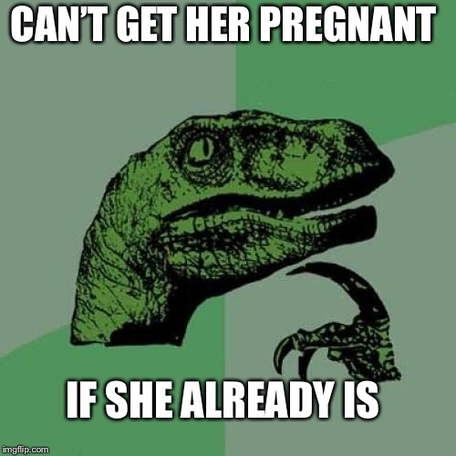 Philosoraptor | CAN’T GET HER PREGNANT; IF SHE ALREADY IS | image tagged in memes,philosoraptor | made w/ Imgflip meme maker