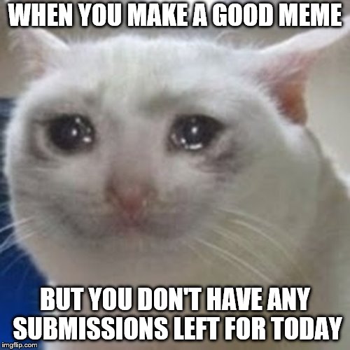 Lik dis if u cri evrtym | WHEN YOU MAKE A GOOD MEME; BUT YOU DON'T HAVE ANY SUBMISSIONS LEFT FOR TODAY | image tagged in memes,cats,crying cat,submissions | made w/ Imgflip meme maker