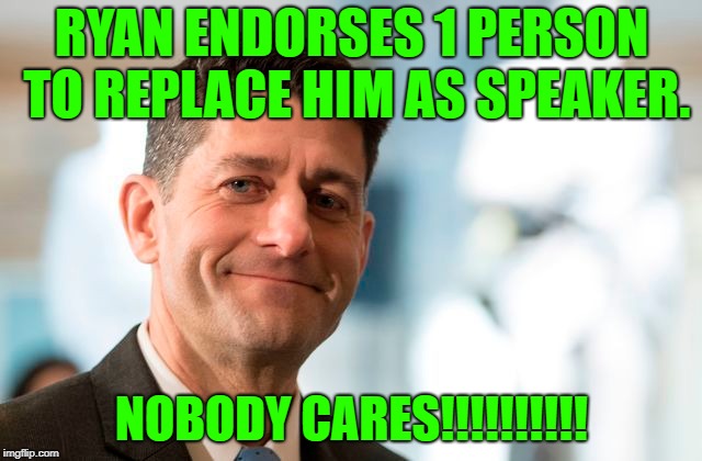 Ryan endorses | RYAN ENDORSES 1 PERSON TO REPLACE HIM AS SPEAKER. NOBODY CARES!!!!!!!!!! | image tagged in paul,ryan,endorses | made w/ Imgflip meme maker