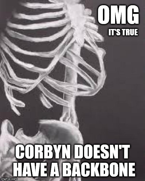 Corbyn - spineless | OMG; IT'S TRUE; CORBYN DOESN'T HAVE A BACKBONE | image tagged in corbyn eww,party of haters,momentum,funny,communist socialist,syria russia | made w/ Imgflip meme maker