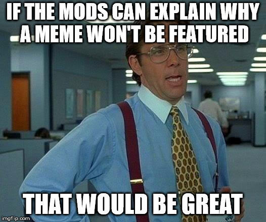 That Would Be Great | IF THE MODS CAN EXPLAIN WHY  A MEME WON'T BE FEATURED; THAT WOULD BE GREAT | image tagged in memes,that would be great | made w/ Imgflip meme maker