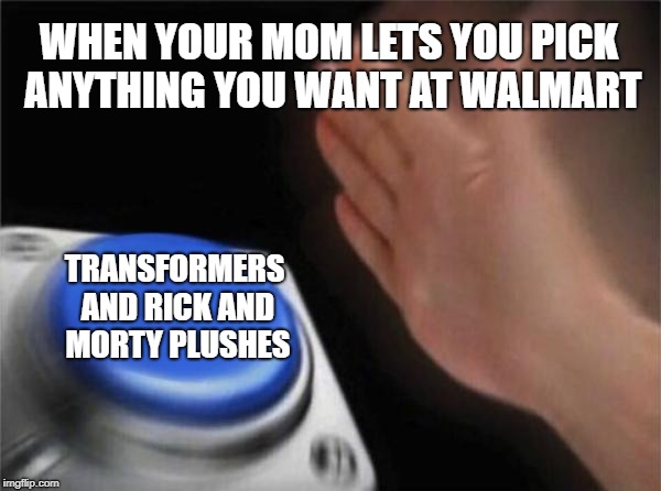 Blank Nut Button | WHEN YOUR MOM LETS YOU PICK ANYTHING YOU WANT AT WALMART; TRANSFORMERS AND RICK AND MORTY PLUSHES | image tagged in memes,blank nut button | made w/ Imgflip meme maker