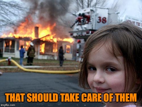 Disaster Girl Meme | THAT SHOULD TAKE CARE OF THEM | image tagged in memes,disaster girl | made w/ Imgflip meme maker