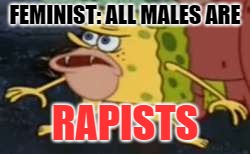 i am not a feminist | FEMINIST: ALL MALES ARE; RAPISTS | image tagged in memes,spongegar | made w/ Imgflip meme maker