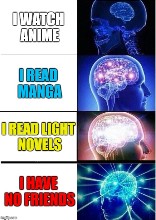 Expanding Brain Meme | I WATCH ANIME; I READ MANGA; I READ LIGHT NOVELS; I HAVE NO FRIENDS | image tagged in memes,expanding brain | made w/ Imgflip meme maker