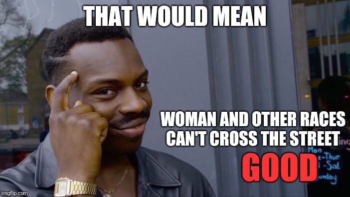 Roll Safe Think About It Meme | THAT WOULD MEAN WOMAN AND OTHER RACES CAN'T CROSS THE STREET GOOD | image tagged in memes,roll safe think about it | made w/ Imgflip meme maker
