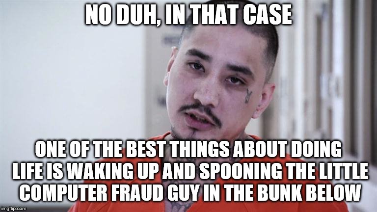 NO DUH, IN THAT CASE ONE OF THE BEST THINGS ABOUT DOING LIFE IS WAKING UP AND SPOONING THE LITTLE COMPUTER FRAUD GUY IN THE BUNK BELOW | made w/ Imgflip meme maker