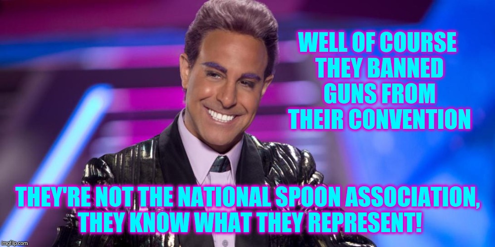 Hunger Games - Caesar Flickerman (Stanley Tucci) "Is that so?" | WELL OF COURSE THEY BANNED GUNS FROM THEIR CONVENTION THEY'RE NOT THE NATIONAL SPOON ASSOCIATION, THEY KNOW WHAT THEY REPRESENT! | image tagged in hunger games - caesar flickerman stanley tucci is that so | made w/ Imgflip meme maker