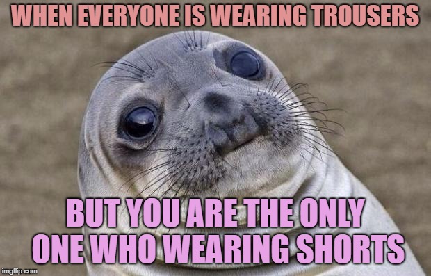 Awkward Moment Sealion Meme | WHEN EVERYONE IS WEARING TROUSERS; BUT YOU ARE THE ONLY ONE WHO WEARING SHORTS | image tagged in memes,awkward moment sealion | made w/ Imgflip meme maker