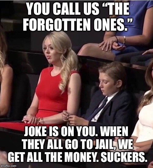 The forgotten Ones. | YOU CALL US “THE FORGOTTEN ONES.”; JOKE IS ON YOU. WHEN THEY ALL GO TO JAIL, WE GET ALL THE MONEY. SUCKERS. | image tagged in donald trump,baron trump,tiffany trump,trump prison | made w/ Imgflip meme maker