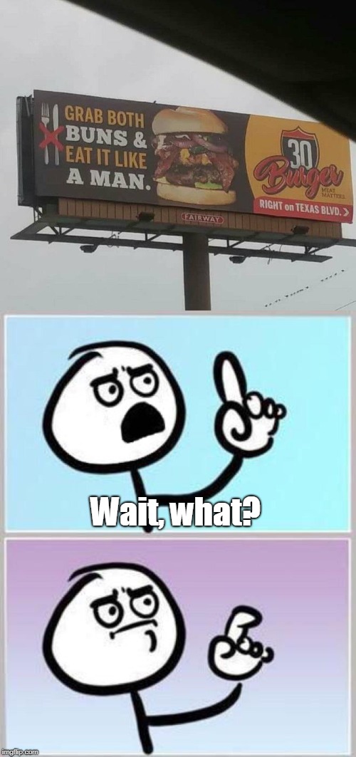 Wait, what? I've lost my appetite.  | Wait, what? | image tagged in wait what,road sign,signs,buns,burger,memes | made w/ Imgflip meme maker