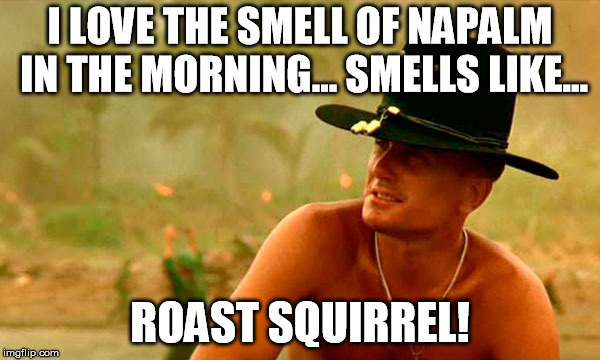 Robert Duvall | I LOVE THE SMELL OF NAPALM IN THE MORNING... SMELLS LIKE... ROAST SQUIRREL! | image tagged in robert duvall | made w/ Imgflip meme maker
