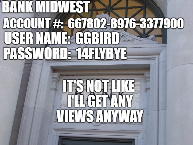 views? | BANK MIDWEST; ACCOUNT #:  667802-8976-3377900; USER NAME:  GGBIRD; PASSWORD:  14FLYBYE; IT'S NOT LIKE I'LL GET ANY VIEWS ANYWAY | image tagged in scumbag bank,fixed,rigged | made w/ Imgflip meme maker