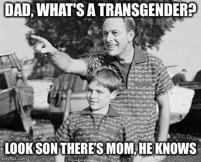 Dad, what's a transgender? | DAD, WHAT'S A TRANSGENDER? LOOK SON THERE’S MOM, HE KNOWS | image tagged in memes,look son | made w/ Imgflip meme maker