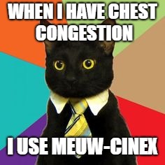 meuw-cinex | WHEN I HAVE CHEST CONGESTION; I USE MEUW-CINEX | image tagged in cold,chest congestion,business kitty | made w/ Imgflip meme maker
