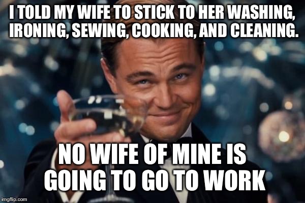 Leonardo Dicaprio Cheers | I TOLD MY WIFE TO STICK TO HER WASHING, IRONING, SEWING, COOKING, AND CLEANING. NO WIFE OF MINE IS GOING TO GO TO WORK | image tagged in memes,leonardo dicaprio cheers | made w/ Imgflip meme maker