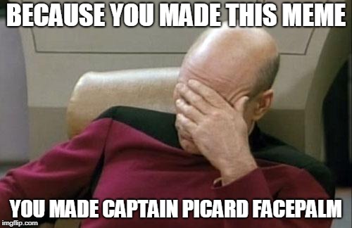 Captain Picard Facepalm Meme | BECAUSE YOU MADE THIS MEME; YOU MADE CAPTAIN PICARD FACEPALM | image tagged in memes,captain picard facepalm | made w/ Imgflip meme maker