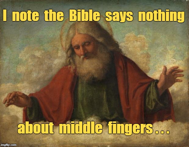 Biblical Observation | I  note  the  Bible  says  nothing; about  middle  fingers . . . | image tagged in god template,memes,nsfw,biblical,middle finger | made w/ Imgflip meme maker