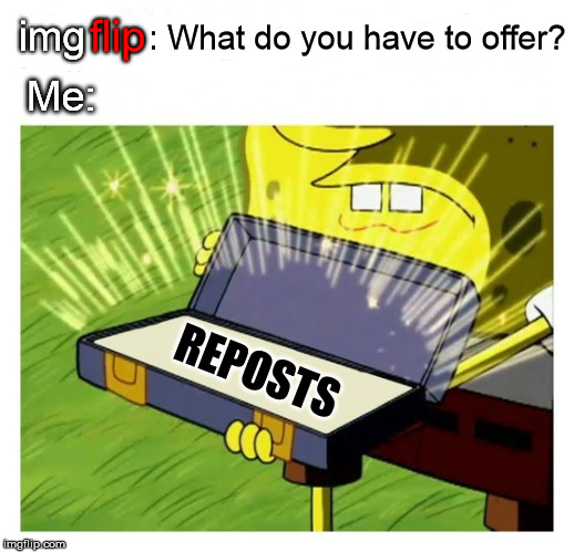 Offer | : What do you have to offer? flip; img; Me:; REPOSTS | image tagged in imgflip,reposts,meme | made w/ Imgflip meme maker