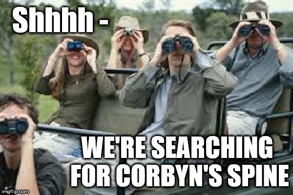 The search for Corbyn's backbone | Shhhh -; WE'RE SEARCHING FOR CORBYN'S SPINE | image tagged in corbyn eww,funny,syria russia,communist socialist,party of haters,corbyn backbone | made w/ Imgflip meme maker