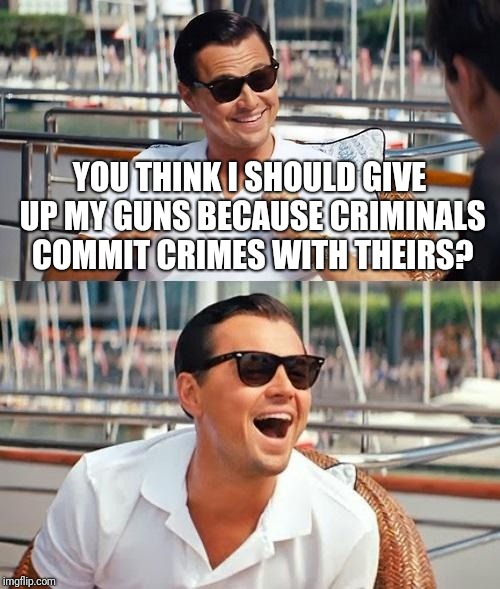 Leonardo Dicaprio Wolf Of Wall Street | YOU THINK I SHOULD GIVE UP MY GUNS BECAUSE CRIMINALS COMMIT CRIMES WITH THEIRS? | image tagged in memes,leonardo dicaprio wolf of wall street | made w/ Imgflip meme maker