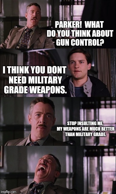 Spiderman Laugh | PARKER!  WHAT DO YOU THINK ABOUT GUN CONTROL? I THINK YOU DONT NEED MILITARY GRADE WEAPONS. STOP INSULTING ME, MY WEAPONS ARE MUCH BETTER THAN MILITARY GRADE. | image tagged in memes,spiderman laugh | made w/ Imgflip meme maker