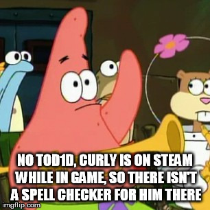 No Patrick Meme | NO TOD1D, CURLY IS ON STEAM WHILE IN GAME, SO THERE ISN'T A SPELL CHECKER FOR HIM THERE | image tagged in memes,no patrick | made w/ Imgflip meme maker