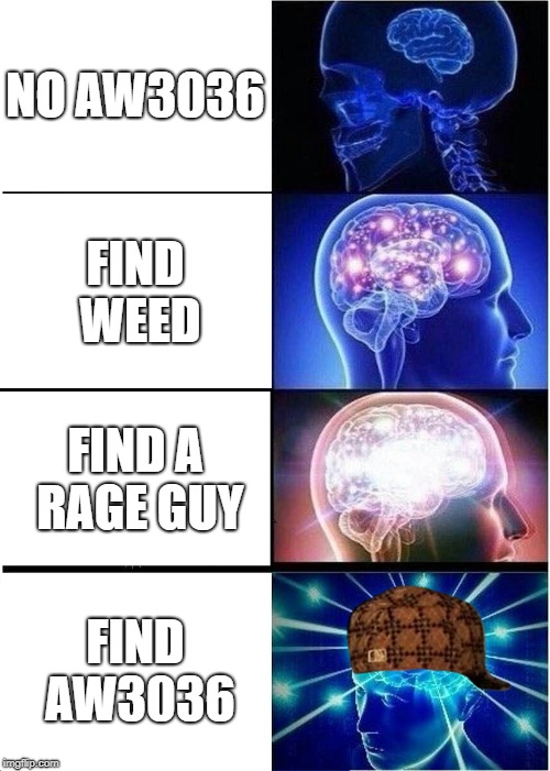 Expanding Brain Meme | NO AW3036; FIND WEED; FIND A RAGE GUY; FIND AW3036 | image tagged in memes,expanding brain,scumbag | made w/ Imgflip meme maker