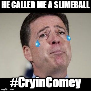 #CryinComey | HE CALLED ME A SLIMEBALL; #CryinComey | image tagged in crybaby comey,donald trump,fbi director james comey | made w/ Imgflip meme maker