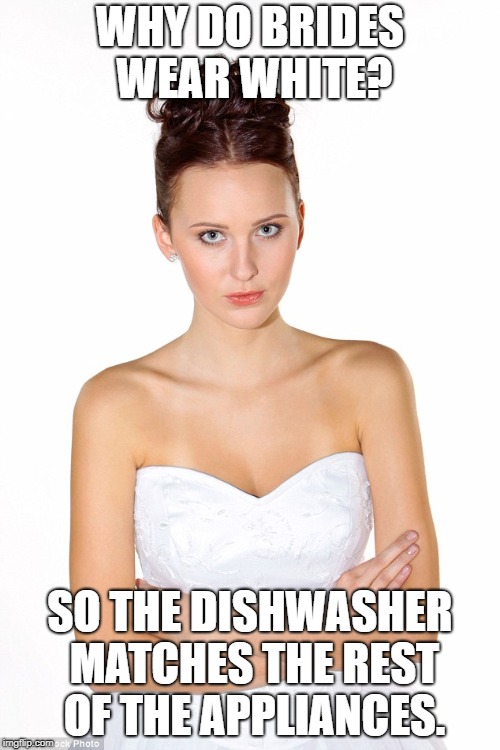 my bride | WHY DO BRIDES WEAR WHITE? SO THE DISHWASHER MATCHES THE REST OF THE APPLIANCES. | image tagged in wife,bride,funny,dishwasher,girlfriend,marriage | made w/ Imgflip meme maker