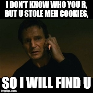 Liam Neeson Taken Meme | I DON'T KNOW WHO YOU R, BUT U STOLE MEH COOKIES, SO I WILL FIND U | image tagged in memes,liam neeson taken | made w/ Imgflip meme maker