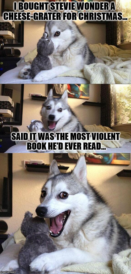 Stevie Wonders most violent Christmas | I BOUGHT STEVIE WONDER A CHEESE-GRATER FOR CHRISTMAS... SAID IT WAS THE MOST VIOLENT BOOK HE'D EVER READ... | image tagged in memes,bad pun dog,stevie wonder,stevies wonder,christmas,christmasstevie wonder | made w/ Imgflip meme maker