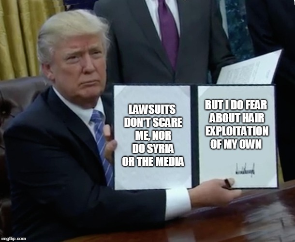 The Tale Of The Hair | LAWSUITS DON'T SCARE ME, NOR DO SYRIA OR THE MEDIA; BUT I DO FEAR ABOUT HAIR EXPLOITATION OF MY OWN | image tagged in memes,trump bill signing,donald trump,donald trump hair,news,funny | made w/ Imgflip meme maker