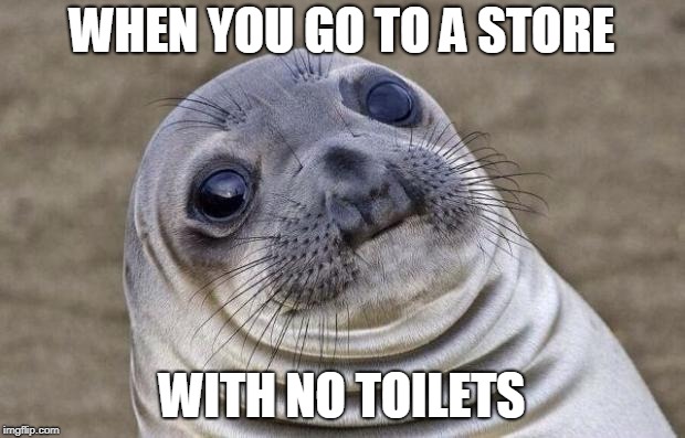 Realization kicks in | WHEN YOU GO TO A STORE; WITH NO TOILETS | image tagged in memes,awkward moment sealion,shops,stupid peoples,toilet humor | made w/ Imgflip meme maker