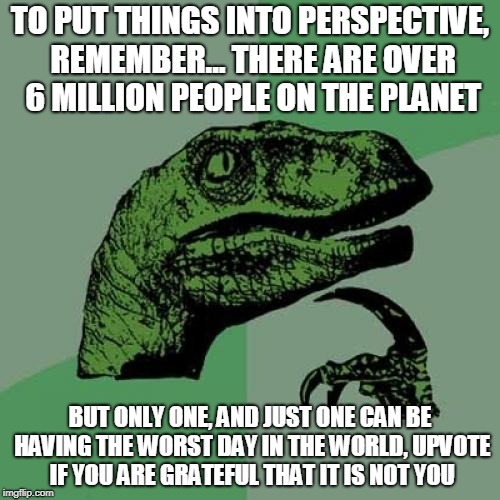 Philosoraptor | TO PUT THINGS INTO PERSPECTIVE, REMEMBER... THERE ARE OVER 6 MILLION PEOPLE ON THE PLANET; BUT ONLY ONE, AND JUST ONE CAN BE HAVING THE WORST DAY IN THE WORLD, UPVOTE IF YOU ARE GRATEFUL THAT IT IS NOT YOU | image tagged in memes,philosoraptor | made w/ Imgflip meme maker