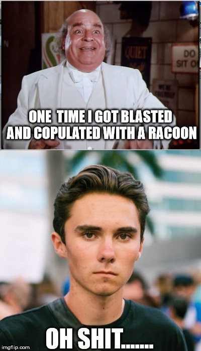Never bang a racoon | ONE  TIME I GOT BLASTED AND COPULATED WITH A RACOON; OH SHIT....... | image tagged in david hogg,like a boss | made w/ Imgflip meme maker