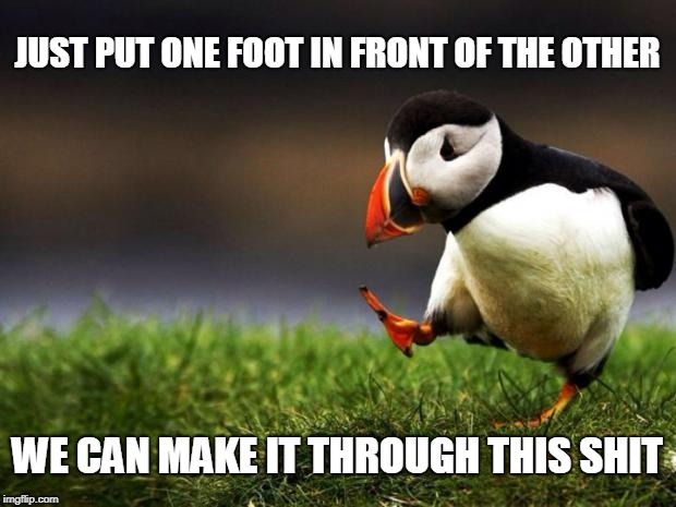 Unpopular Opinion Puffin Meme | JUST PUT ONE FOOT IN FRONT OF THE OTHER; WE CAN MAKE IT THROUGH THIS SHIT | image tagged in memes,unpopular opinion puffin | made w/ Imgflip meme maker