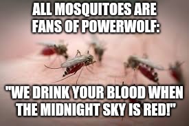 Powerwolf Mosquitoes | ALL MOSQUITOES ARE FANS OF POWERWOLF:; "WE DRINK YOUR BLOOD WHEN THE MIDNIGHT SKY IS RED!" | image tagged in mosquitoes,powerwolf,we drink your blood,vampires,powerwolf memes | made w/ Imgflip meme maker