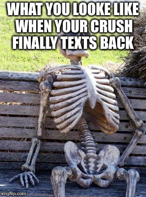 Waiting Skeleton | WHAT YOU LOOKE LIKE WHEN YOUR CRUSH FINALLY TEXTS BACK | image tagged in memes,waiting skeleton | made w/ Imgflip meme maker