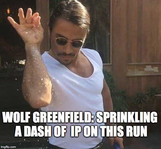 WOLF GREENFIELD: SPRINKLING A DASH OF  IP ON THIS RUN | image tagged in wolfgreefield | made w/ Imgflip meme maker