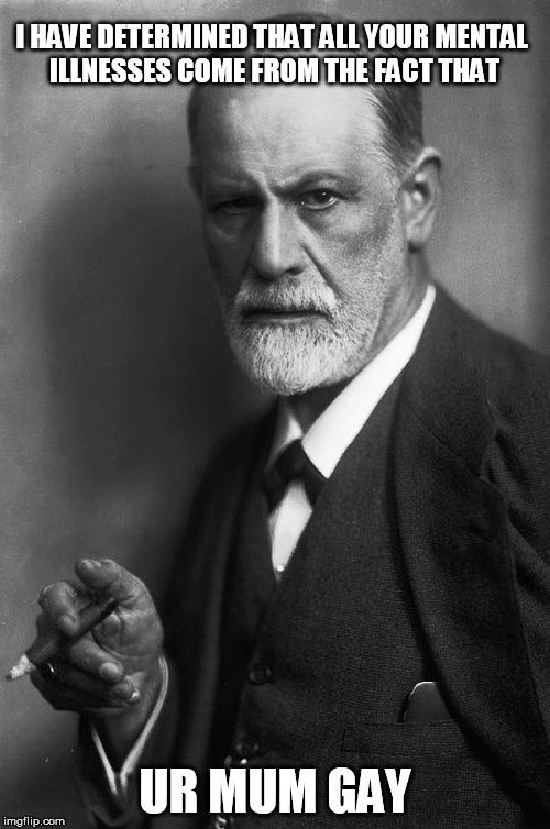 Sigmund Freud Meme | I HAVE DETERMINED THAT ALL YOUR MENTAL ILLNESSES COME FROM THE FACT THAT; UR MUM GAY | image tagged in memes,sigmund freud | made w/ Imgflip meme maker