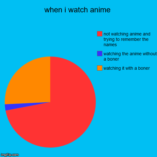 when i watch anime | watching it with a boner, watching the anime without a boner, not watching anime and trying to remember the names | image tagged in funny,pie charts | made w/ Imgflip chart maker
