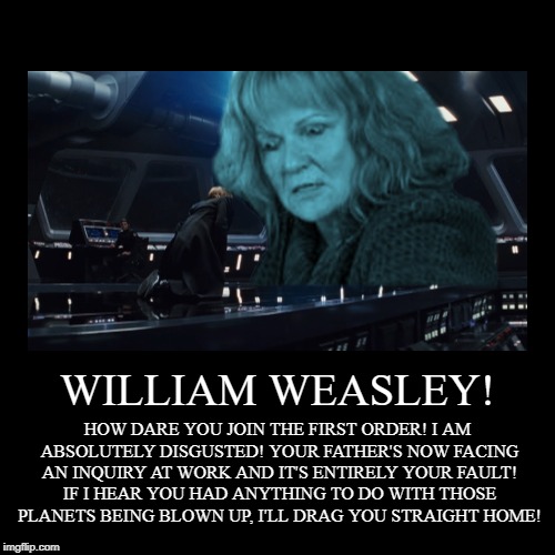 WILLIAM WEASLEY! | HOW DARE YOU JOIN THE FIRST ORDER! I AM ABSOLUTELY DISGUSTED! YOUR FATHER'S NOW FACING AN INQUIRY AT WORK AND IT'S ENTIRE | image tagged in funny,demotivationals | made w/ Imgflip demotivational maker