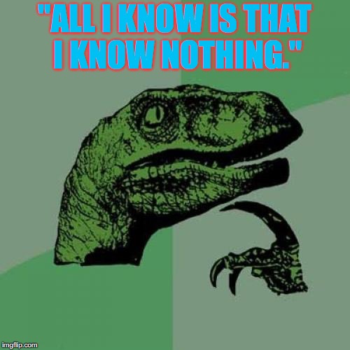 Do Not Read This Title | "ALL I KNOW IS THAT I KNOW NOTHING." | image tagged in memes,philosoraptor | made w/ Imgflip meme maker