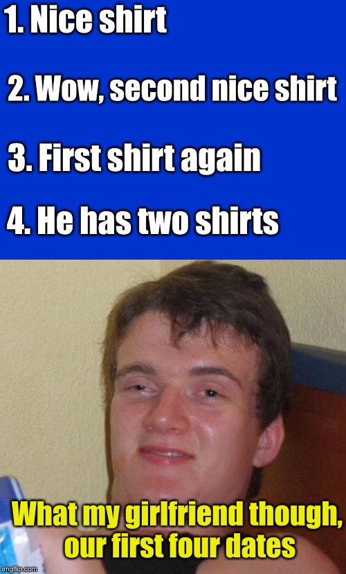 10 Guy, 4 Dates | 1. Nice shirt; 2. Wow, second nice shirt; 3. First shirt again; 4. He has two shirts; What my girlfriend though, our first four dates | image tagged in 10 guy,memes,date,girlfriend,shirt | made w/ Imgflip meme maker